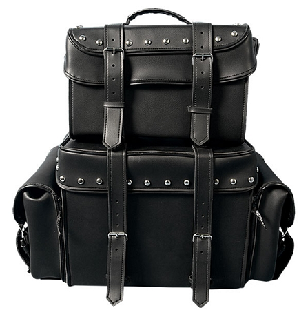 Black - Leather - Sissy Bar Travel Bag - Studded - 4 Piece - Click Image to Close