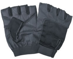 Black Leather Fingerless Gloves - Gel Palm - Spandex Top