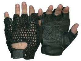 Black Leather Fingerless Gloves - Plain Palm - Mesh Top
