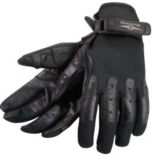 Black Leather Full Finger Gloves - Gel Palm - Mesh Top - Velcro
