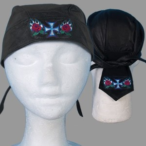 Leather Headwrap - Black - Iron Cross and Roses Embroidered